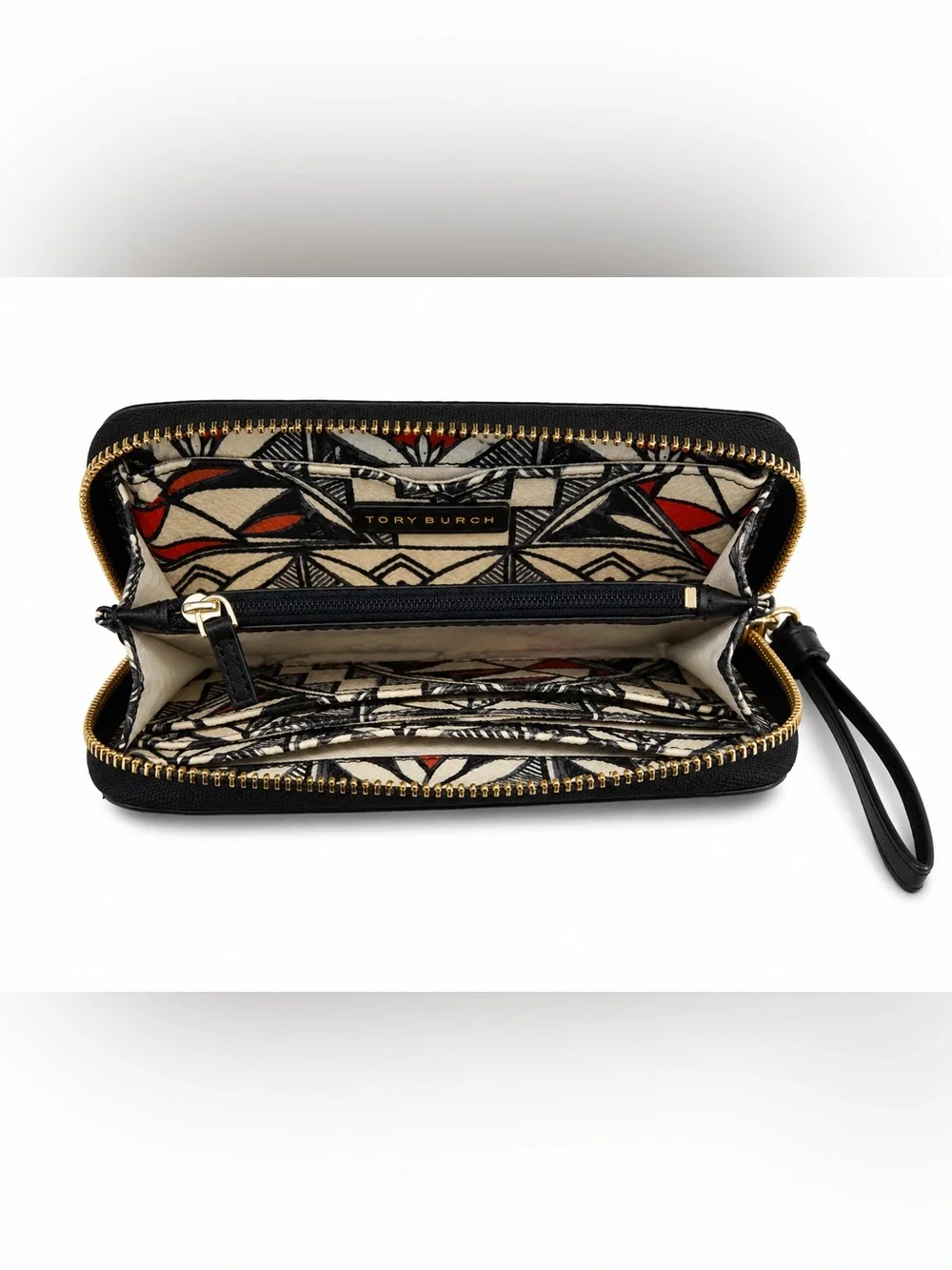 Tory Burch Navy Floral Patchwork Zip Wristlet with Gold Logo